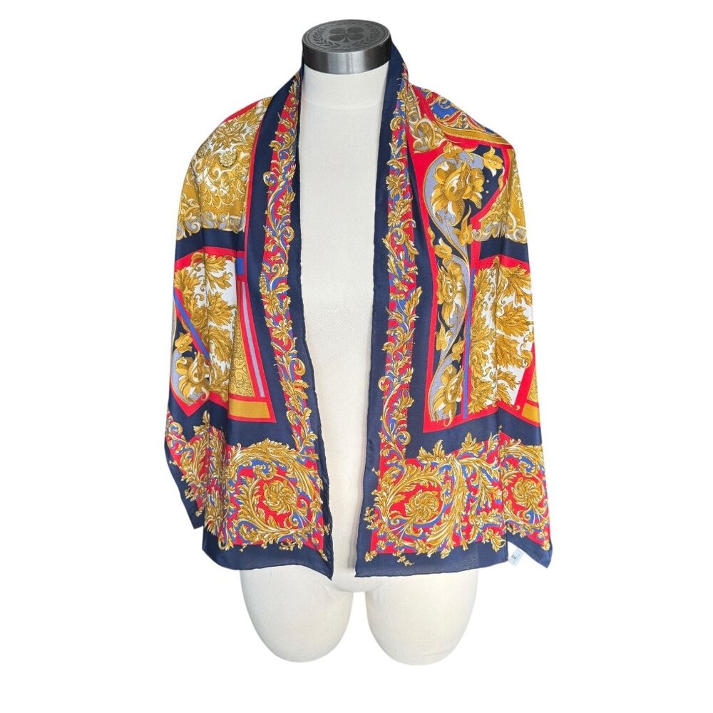 Vintage Georgiou 55 x 16 In Silk Scarf Japan Navy Red & Gold Medallion‎ Nautical - Picture 7 of 8